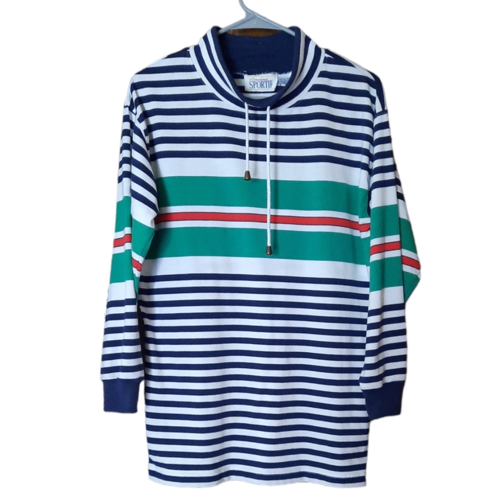Vintage Sportif Bright Striped Pullover Adj Collared Shirt Long Sleeves Size S